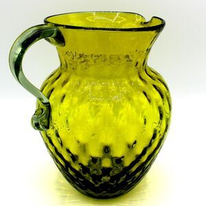 Vintage 1960s Mid-Century Modern Green Diamond Optic Glass Pitcher Decanter Vase